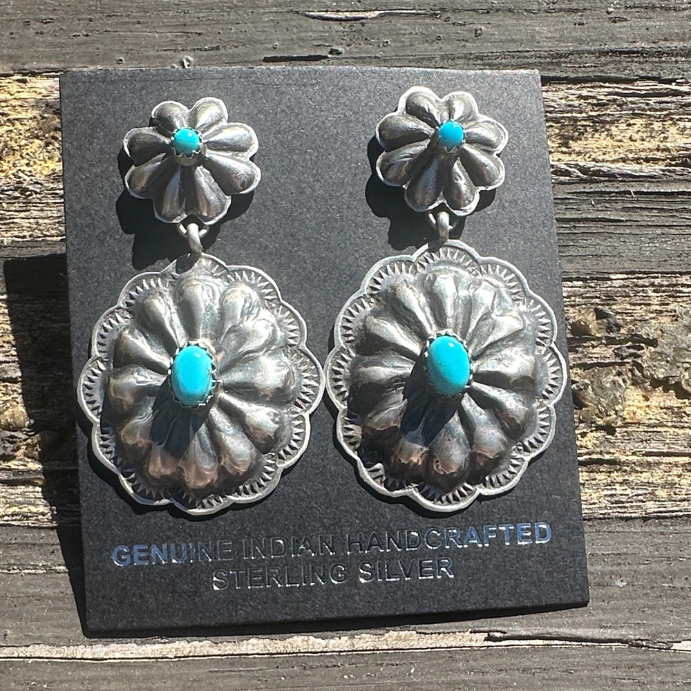 Navajo Yolanda Christian Kingman Turquoise & Sterling Silver Concho Earrings - Picture 2 of 4